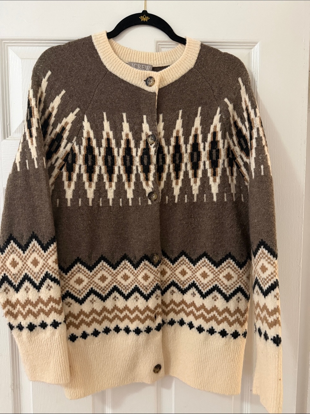 J. Crew Brown Cream and Black Fair Isle Wool Cardigan